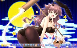  1girl animal_ears ass brown_hair bunny_girl bunnygirl bunnysuit calendar cleavage female hosaka_hina hulotte ikegami_akane long_hair mochi pantyhose solo tail wallpaper wink with_ribbon 