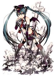  bat_wings boots green_eyes green_hair hat hatsune_miku long_hair looking_at_viewer microphone microphone_stand peaked_cap skirt smile solo thigh-highs thighhighs torigoe_takumi twintails very_long_hair vintage_microphone vocaloid wings 