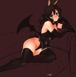  black_hair character_request couch defiaz_(infinity) demon_girl elbow_gloves gloves green_eyes leotard mabinogi short_hair succubus succubus_(mabinogi) thigh-highs thighhighs wings 