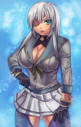  alec aqua_eyes breasts cleavage eyepatch gloves hand_on_hip hyakka_ryouran_samurai_girls large_breasts long_hair panties skirt solo tongue underwear yagyuu_gisen 