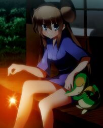  brown_eyes brown_hair double_bun fireworks hand_on_head highres japanese_clothes mei_(pokemon) o_takana pokemon pokemon_(game) pokemon_bw pokemon_bw2 sleeping smile snivy solo sparkler 