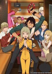  6+boys antonio_lopez barnaby_brooks_jr blonde_hair brown_eyes brown_hair bruce_lee's_jumpsuit bruce_lee's_jumpsuit dark_skin glasses green_eyes huang_baoling instrument ivan_karelin jacket jpeg_artifacts kaburagi_t_kotetsu karaoke karina_lyle keith_goodman maracas multiple_boys multiple_girls nathan_seymour official_art pink_hair singing tambourine thigh_gap tiger_&amp;_bunny vest waistcoat 