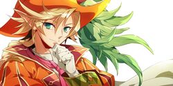  blonde_hair braid coat cravat feathers green_eyes hat kyousaku long_hair male mygrimoire original pointy_ears seir_(mygrimoire) smile solo white_background 