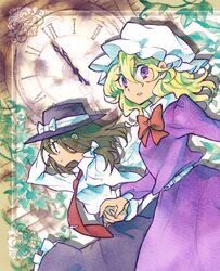  blonde_hair bow brown_hair clock hat hat_bow maribel_hearn multiple_girls necktie purple_eyes shinoasa short_hair touhou traditional_media usami_renko violet_eyes watercolor_(medium) 