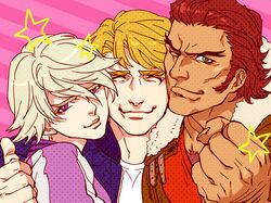  antonio_lopez blonde_hair blue_jacket bomber_jacket brown_hair chest_hair green_eyes ivan_karelin jacket keith_goodman letterman_jacket mamemo_(daifuku_mame) multiple_boys purple_eyes purple_jacket thumbs_up tiger_&amp;_bunny violet_eyes wink 