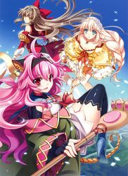  absurdres ahoge animal_ears bell blonde_hair blue_eyes blush boots breasts brown_hair cat_ears choker cleavage copyright_request dress fang flower happy headdress highres long_hair m.t.w. multiple_girls pink_hair red_eyes ribbon riv sad shy sky thigh-highs thighhighs wand 