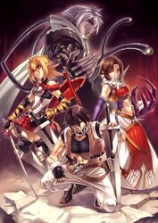  2girls armor armored_dress black_hair black_legwear blonde_hair brown_hair dress expressionless fingerless_gloves gloves grey_hair hirano_katsuyuki hiro_(spectral_force) jadou kneeling midriff multiple_boys multiple_girls official_art red_eyes roze shoes skirt smile spectral_(series) spectral_force spectral_souls spectral_vs_generation sword thigh-highs thighhighs weapon wells_(spectral) 