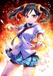  black_hair bracelet breasts chachie fighting_stance fire jewelry ling_xiaoyu miniskirt namco necktie petals plaid plaid_skirt school_uniform shirt skirt solo tekken twintails white_shirt 