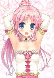  :d ai_shite!_homun armpits arms_up bare_shoulders blue_eyes blush detached_collar dress elbow_gloves endou_hiroto gloves hair_bun highres long_hair looking_at_viewer open_mouth original pink_hair smile solo 