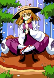  blonde_hair body_mahattaya_ginga eyes frog hand_seal hat heart heart-shaped_pupils long_sleeves moriya_suwako short_hair sitting solo star star-shaped_pupils symbol-shaped_pupils touhou wide_sleeves yellow_eyes 