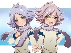  2boys brothers fubuki_atsuya fubuki_shirou green_eyes hakuren inazuma_eleven inazuma_eleven_(series) inazuma_eleven_go male mataro multiple_boys open_mouth scarf siblings smile yellow_eyes 