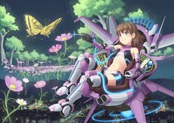  blue_eyes blush brown_hair butterfly drawing eichisu flower future original pen short_hair sitting smile solo 