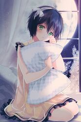  asmis bandage bandages black_hair clenched_hand frills full_moon green_eyes hair_between_eyes holding lowres moon night open_mouth pillow reum seiza short_hair sitting sword_girls 