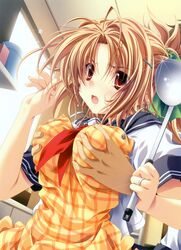  absurdres antenna_hair apron breast_grab brown_hair copyright_request d: fang from_behind hair_ornament hairclip highres jewelry ladle lens_flare miyama-zero open_mouth plaid red_eyes ring school_uniform serafuku 