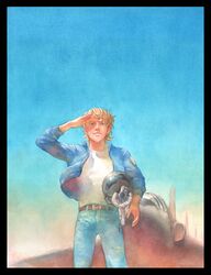  914kana airplane blonde_hair blue_eyes blue_jacket bomber_jacket headwear_removed helmet helmet_removed jacket keith_goodman shading_eyes solo tiger_&amp;_bunny 