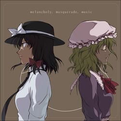 blonde_hair bow brown_hair closed_eyes earphones eyes_closed hair_bow hat hat_bow ishikawa_yuga long_sleeves maribel_hearn multiple_girls necktie short_hair touhou usami_renko yellow_eyes 