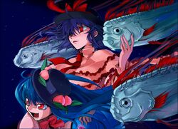  blue_hair bow capelet crystal fish food frills fruit hat hat_bow hinanawi_tenshi ishikawa_yuga leaf long_hair long_sleeves multiple_girls nagae_iku oarfish open_mouth peach red_eyes short_hair touhou 