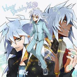  bakura_ryou birthday briefcase brown_eyes grin happy_birthday looking_at_viewer male millennium_ring multiple_boys multiple_persona scar seina-n sewenan shoes silver_hair smile star tan thief_king_bakura yami_bakura yu-gi-oh! yuu-gi-ou yuu-gi-ou_duel_monsters 