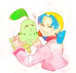  1girl anger_vein angry bangs blue_hair bust chikorita crystal_(pokemon) hat holding leaf mmm73 poke_ball pokemon pokemon_(game) pokemon_gsc simple_background sweatdrop twintails 