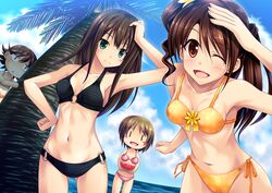  bikini blush blush_stickers breasts brown_eyes brown_hair cf-x_(oceanus_com) green_eyes honda_mio idolmaster idolmaster_cinderella_girls long_hair mimura_kanako multiple_girls o-ring_bikini ocean palm_tree shibuya_rin shimamura_uzuki short_hair side-tie_bikini swimsuit tree wink 