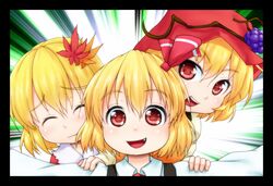  3girls ^_^ aki_minoriko aki_shizuha closed_eyes fang hand_on_shoulder multiple_girls rumia smile touhou waribaship 