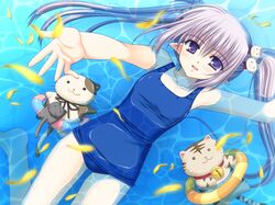  :3 animal blush cat long_hair nishimata_aoi petals primula purple_eyes ribbons school_swimsuit shuffle swimsuit tube twintails violet_eyes water white_hair 