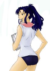  1girl artist_request ass brown_eyes buruma earrings hands_on_hips highres in_mouth jewelry katsuragi_misato neon_genesis_evangelion ponytail purple_hair t-shirt towel whistle 