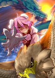  ahoge animal bandage bandages bird blue_eyes double_bun dragon eagle eastern_dragon highres ibaraki_kasen long_sleeves pink_hair puffy_sleeves red_eyes short_hair smile solo sun touhou verta_(verlaine) yellow_eyes 