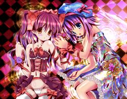  2girls blue_eyes blush bohemian bow flower flowers hat headdress loli orange_eyes original panties pink_hair ribbons short_hair skirt thigh-highs thighhighs underwear water 