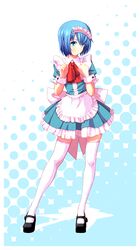  1girl alternate_costume apron blue_eyes blue_hair blush bow enmaided frills highres mahou_shoujo_madoka_magica maid maid_headdress miki_sayaka short_hair smile solo thigh-highs tsukumo white_legwear wrist_cuffs 