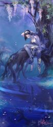  barefoot black_hair breasts closed_eyes different_reflection eyes_closed headband highres kazama_jun nature pants pond reflection ryo_(ryoxkj) sitting tank_top tekken tekken_tag_tournament_2 tree unknown_(tekken) water 