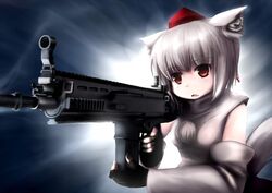  animal_ears assault_rifle chipika detached_sleeves fingerless_gloves fn_scar gloves gun hat inubashiri_momiji open_mouth red_eyes rifle short_hair silver_hair solo tail tokin_hat touhou weapon white_hair wolf_ears wolf_tail 