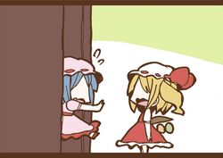  2girls adomi blonde_hair blue_hair comic flandre_scarlet hat hat_ribbon millipen_(medium) multiple_girls remilia_scarlet ribbon siblings sisters touhou traditional_media 