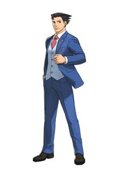  ahoge badge black_eyes black_hair chain chains edayan formal gyakuten_saiban hand_in_pocket jacket_grab naruhodou_ryuuichi necktie official_art open_clothes open_jacket pants pocket serious simple_background solo spiked_hair spiky_hair standing suit vest white_background 