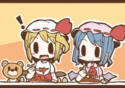 2girls adomi blonde_hair blue_hair comic flandre_scarlet food fork hat hat_ribbon millipen_(medium) multiple_girls open_mouth remilia_scarlet ribbon siblings sisters stuffed_animal stuffed_toy teddy_bear touhou traditional_media 