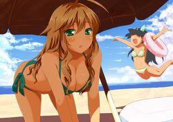  :d :o all_fours bare_shoulders barefoot beach beach_umbrella bikini black_hair blonde_hair blush body_mahattaya_ginga breasts cleavage cloud clouds ganaha_hibiki green_eyes hanging_breasts hoshii_miki idolmaster innertube jumping long_hair multiple_girls navel open_mouth side-tie_bikini sky smile striped striped_bikini striped_swimsuit swimsuit tan water 