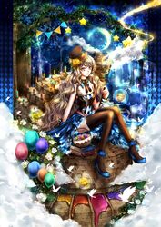  bare_shoulders bird black_legwear dress egg hat highres magic original rainbow silver_hair sitting solo thigh-highs thighhighs wand wavy_hair yuki_mami 