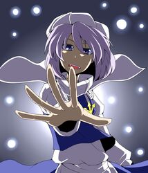  blue_eyes cape futomashio hat highres letty_whiterock long_sleeves open_mouth puffy_sleeves purple_hair short_hair solo touhou 