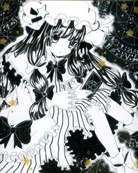  absurdres book bow capelet hat highres long_hair long_sleeves magic_circle millipen_(medium) open_mouth patchouli_knowledge solo spot_color torajirou touhou traditional_media 