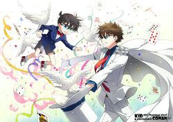  bird black_hair blazer blue_eyes cape confetti detective_conan edogawa_conan formal gloves grin hat hat_removed headwear_removed kaito_kid kuroba_kaitou male meitantei_conan monocle multiple_boys necktie pants ron_(lovechro) shoes shorts smile smoke socks suit surprised top_hat 
