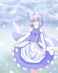  apron cape futomashio hat highres letty_whiterock long_sleeves puffy_sleeves purple_eyes purple_hair short_hair solo touhou violet_eyes 