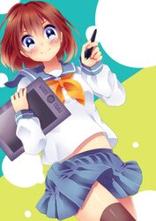  1girl blue_eyes brown_hair school_uniform short_hair solo thigh-highs urara_(sumairuclover) 
