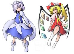  2girls blonde_hair crystal flandre_scarlet food fruit futomashio grapes hat letty_whiterock long_sleeves multiple_girls open_mouth puffy_sleeves purple_eyes purple_hair red_eyes scarf short_hair short_sleeves side_ponytail smile touhou violet_eyes when_you_see_it white_background wings 