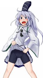  bike_shorts futomashio grey_eyes hat highres japanese_clothes kariginu long_hair long_sleeves mononobe_no_futo open_mouth ponytail silver_eyes silver_hair solo tate_eboshi touhou very_long_hair white_background wide_sleeves 