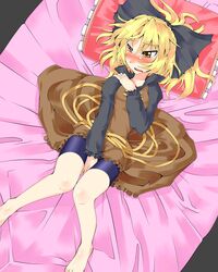  absurdres barefoot bike_shorts blonde_hair blush bow futomashio hair_bow highres kurodani_yamame long_sleeves lying open_mouth pillow short_hair solo touhou yellow_eyes 
