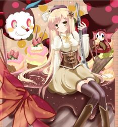  alternate_hairstyle blonde_hair blush boots bow breasts cake character_name charlotte_(madoka_magica) cheese creature dual_persona elbow_gloves fingerless_gloves food gloves gun hair_ornament hat long_hair magical_girl magical_musket mahou_shoujo_madoka_magica monster nanoha-h ribbon skirt smile thigh-highs thighhighs tomoe_mami vertical-striped_legwear vertical_stripes weapon yellow_eyes 