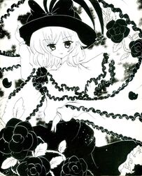  absurdres bow capelet flower hat hat_bow highres long_sleeves millipen_(medium) monochrome nagae_iku rose shawl short_hair solo torajirou touhou traditional_media 