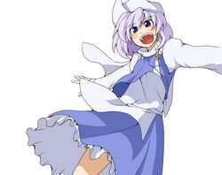  blue_eyes blush cape futomashio hat letty_whiterock long_sleeves open_mouth outstretched_arms puffy_sleeves purple_hair short_hair solo touhou white_background 