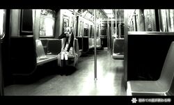  hajimete_no_koi_ga_owaru_toki_(vocaloid) hatsune_miku highres monochrome train train_interior vocaloid when_the_first_love_ends_(vocaloid) widescreen 