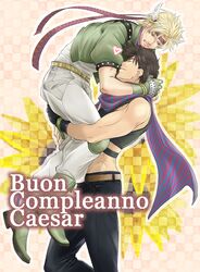  2boys black_hair blonde_hair caesar_anthonio_zeppeli carrying facial_mark fingerless_gloves gloves green_jacket headband jojo_no_kimyou_na_bouken joseph_joestar_(young) knee_pads midriff multiple_boys scarf striped striped_scarf tk-tonakai 